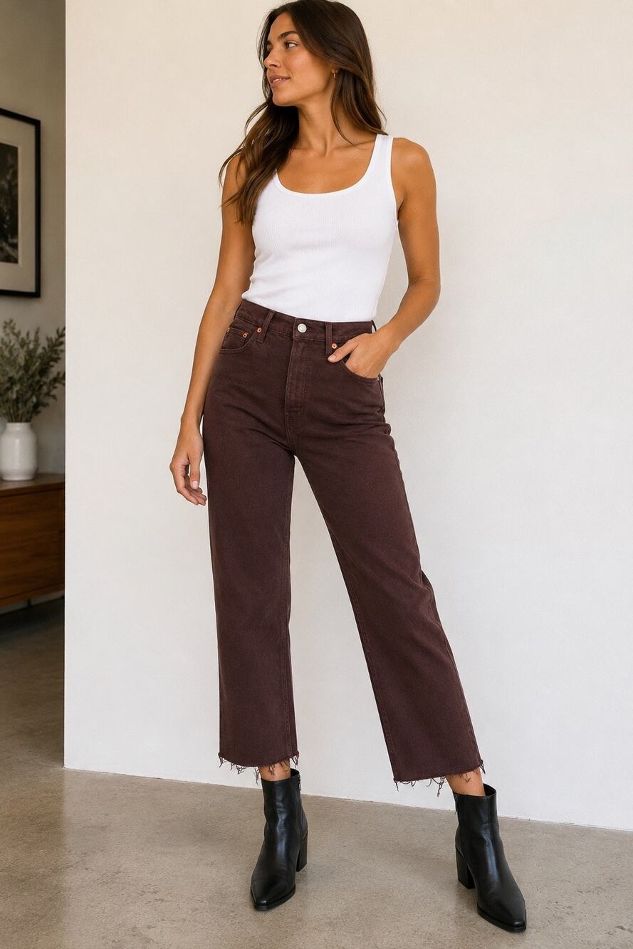 RE/DONE 70s Ultra High Rise Stove Pipe Jeans Brown/Burgundy Cropped Raw Hem 24
